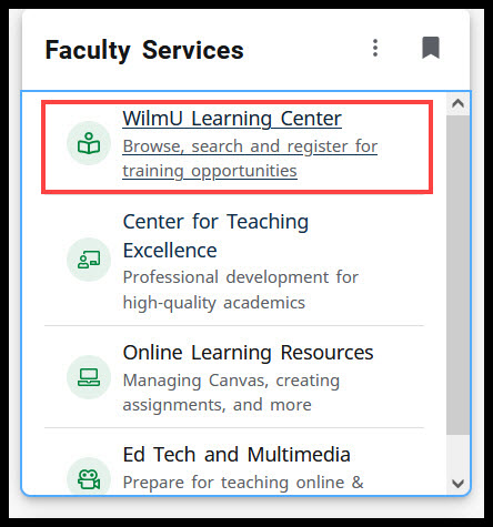 location of the WilmU Learning Center link on the Faculty Services card