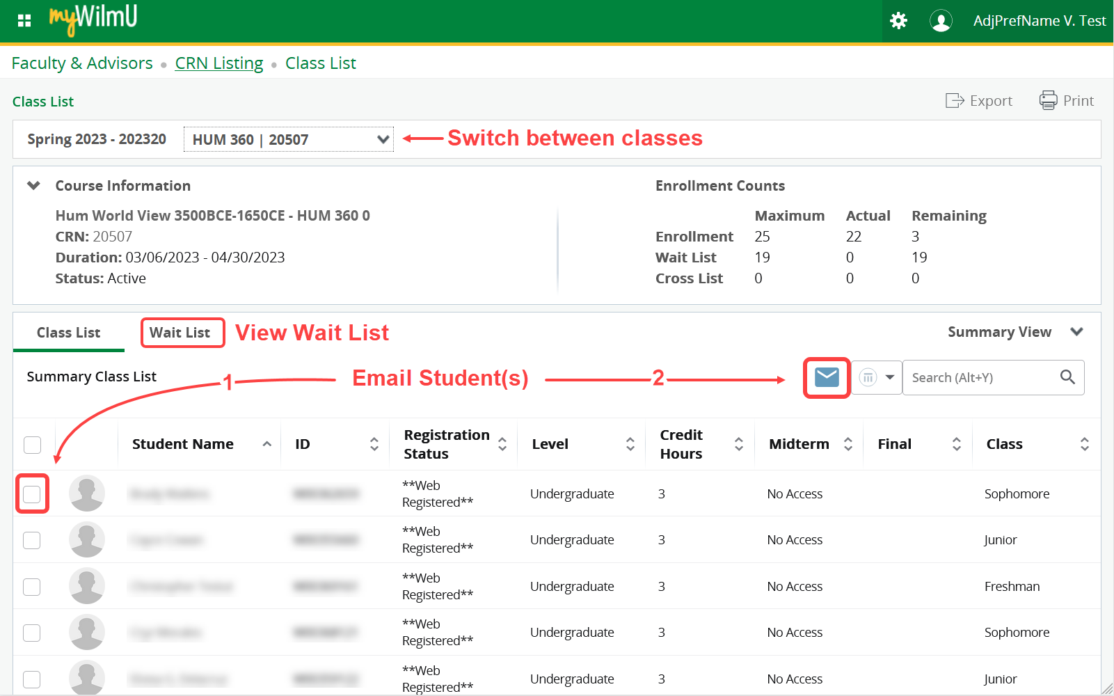 Class List page in Faculty Self-Service