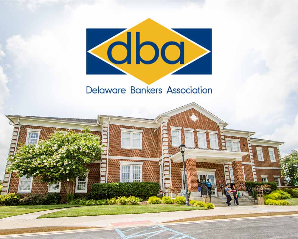 Wilmington University building under partner logo; Delaware Bankers Association