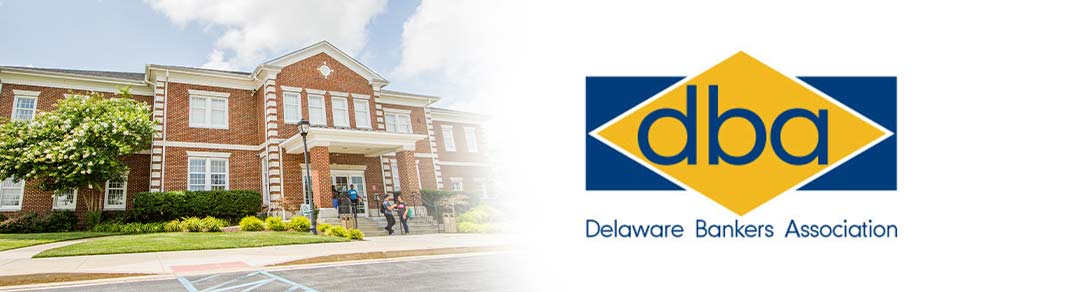 Wilmington University building next to partner logo; Delaware Bankers Association