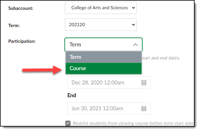 Screen image showing how to change Participation to Course from Term.