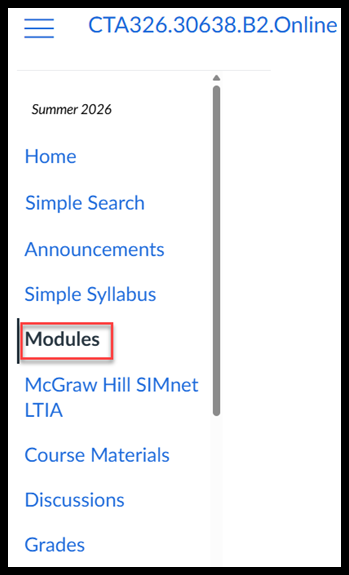 Screenshot of an online course navigation menu for Summer 2026 showing links such as Home, Simple Search, Announcements, Simple Syllabus, Modules, McGraw Hill SIMnet LTIA, Course Materials, Discussions, and Grades. The Modules link is highlighted with a red box, indicating focus or selection within the menu.