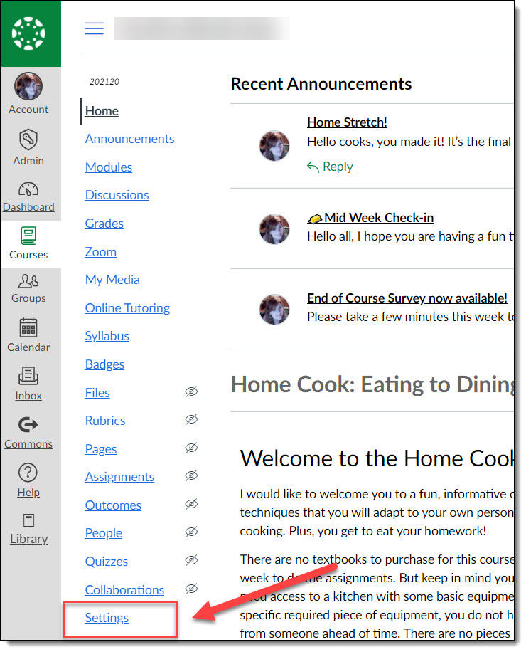 Canvas Course Menu showing where to click for Course Settings.