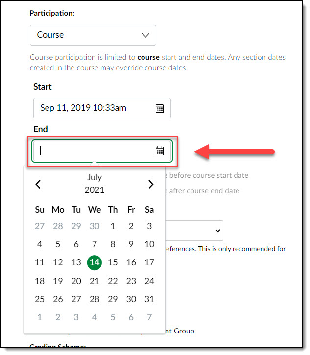 Screen image showing where to enter course closing date.