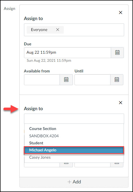 Screen image of Canvas Assignment showing the Assign to box