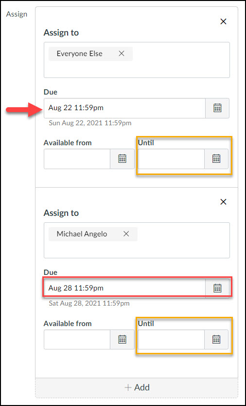 Screen image showing the Assign to box with different due dates. 
