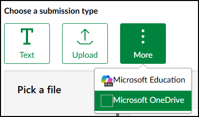 Shows from the Assignment submission page in a Canvas course, how to access the OneDrive submission type from the More dropdown menu