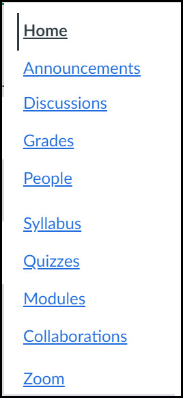 Canvas Course Navigation Menu, with 10 links described in the Course Menu List