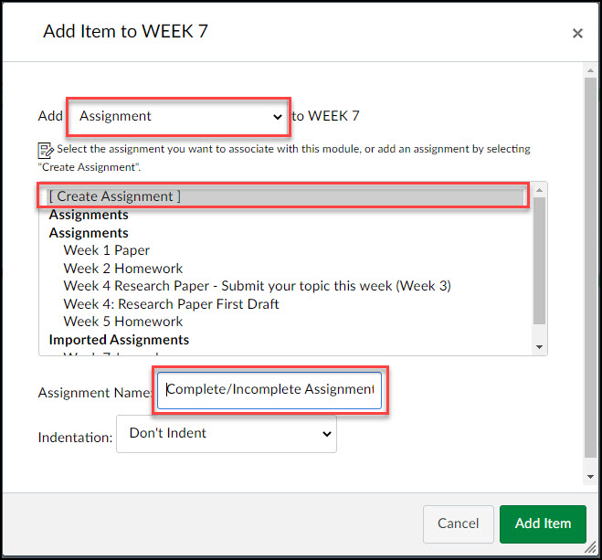 Screen image showing assignment configuration.