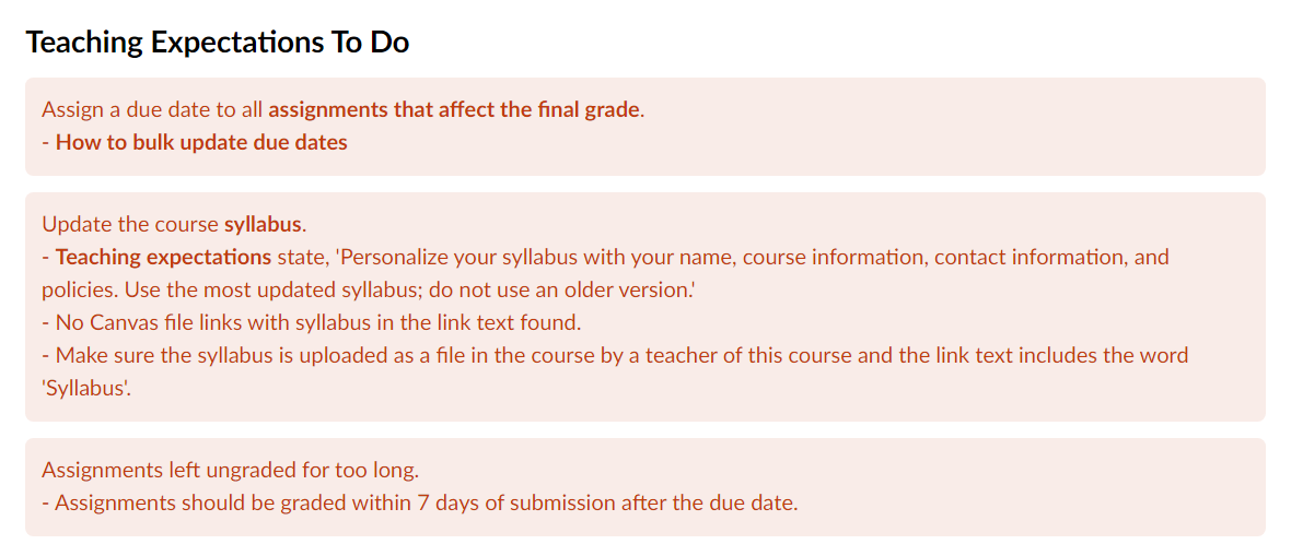 Teaching expectations to do list with unmet requirements before course end date