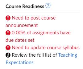Course readiness checklist with all requirements unmet