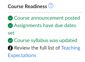 Course readiness checklist with all requirements met