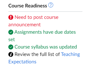 Course readiness checklist with one unmet requirement