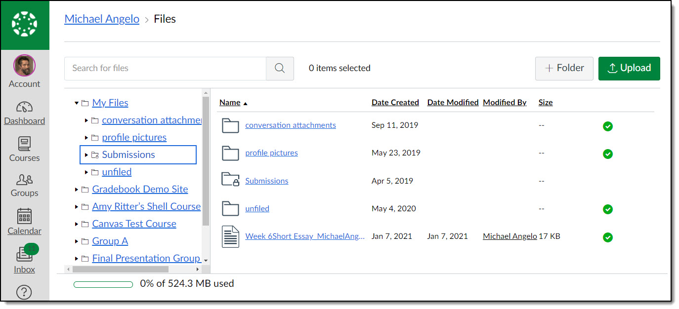 Screen shot of File Storage in Canvas