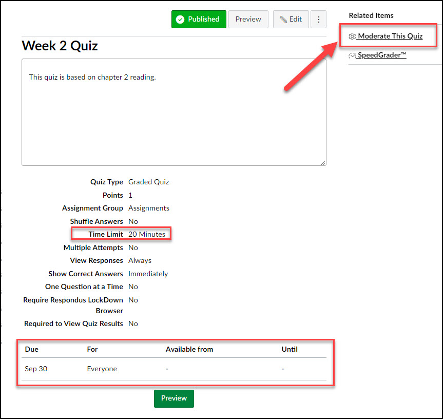 Screen image showing quiz details plus the Moderate this Quiz link