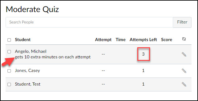 Moderate quiz page showing differentiated attempts and time for students.