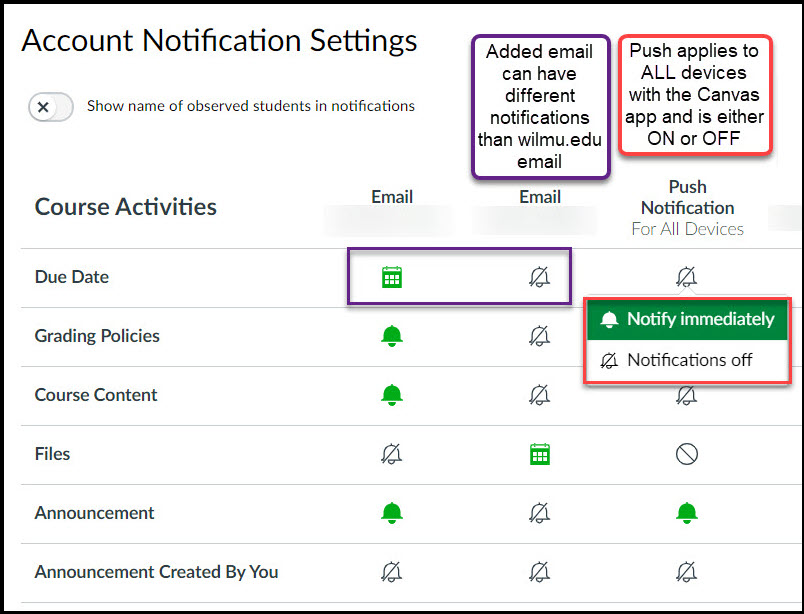 Screen image showing account notification settings
