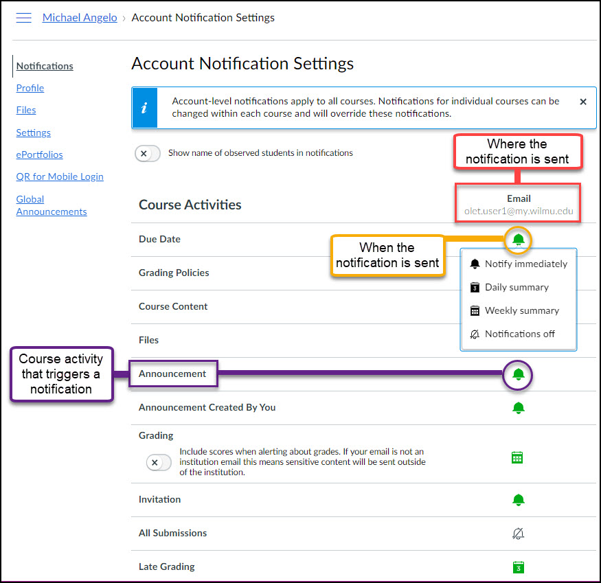 screen image showing details of notifications settings page