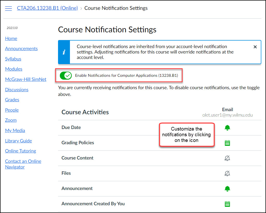 screen image showing course notifications settings