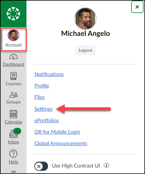 screen image showing the location of account settings
