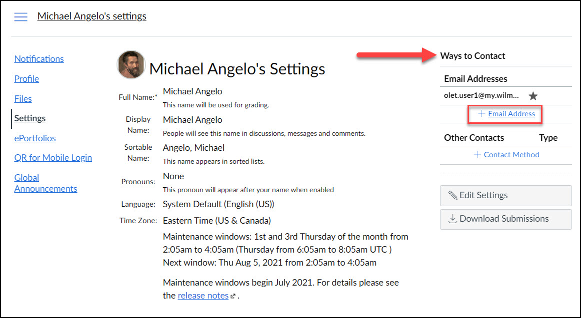 Screen image of Settings page with Ways to Contact and Add an email address highlighted. 