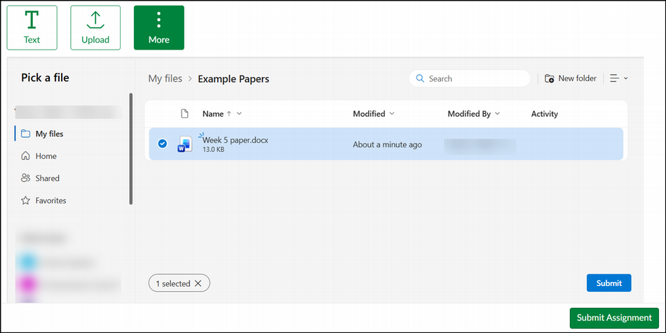 OneDrive File Selection menu