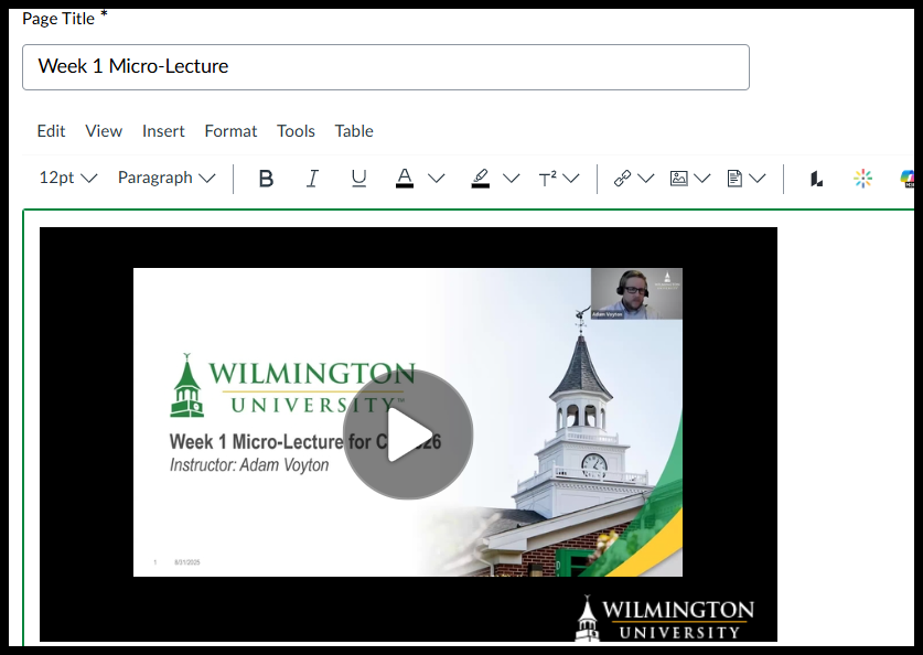 Screenshot of a video lecture interface showing a micro-lecture titled "Week 1 Micro-Lecture for CTA 326" from Wilmington University. The slide features Wilmington University logos, a clock tower image, and a small video feed of the instructor in the top right corner.