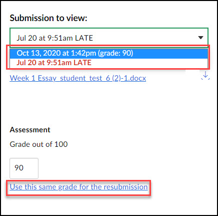 Screen image showing Speedgrader options for an assignment with multiple student submissions