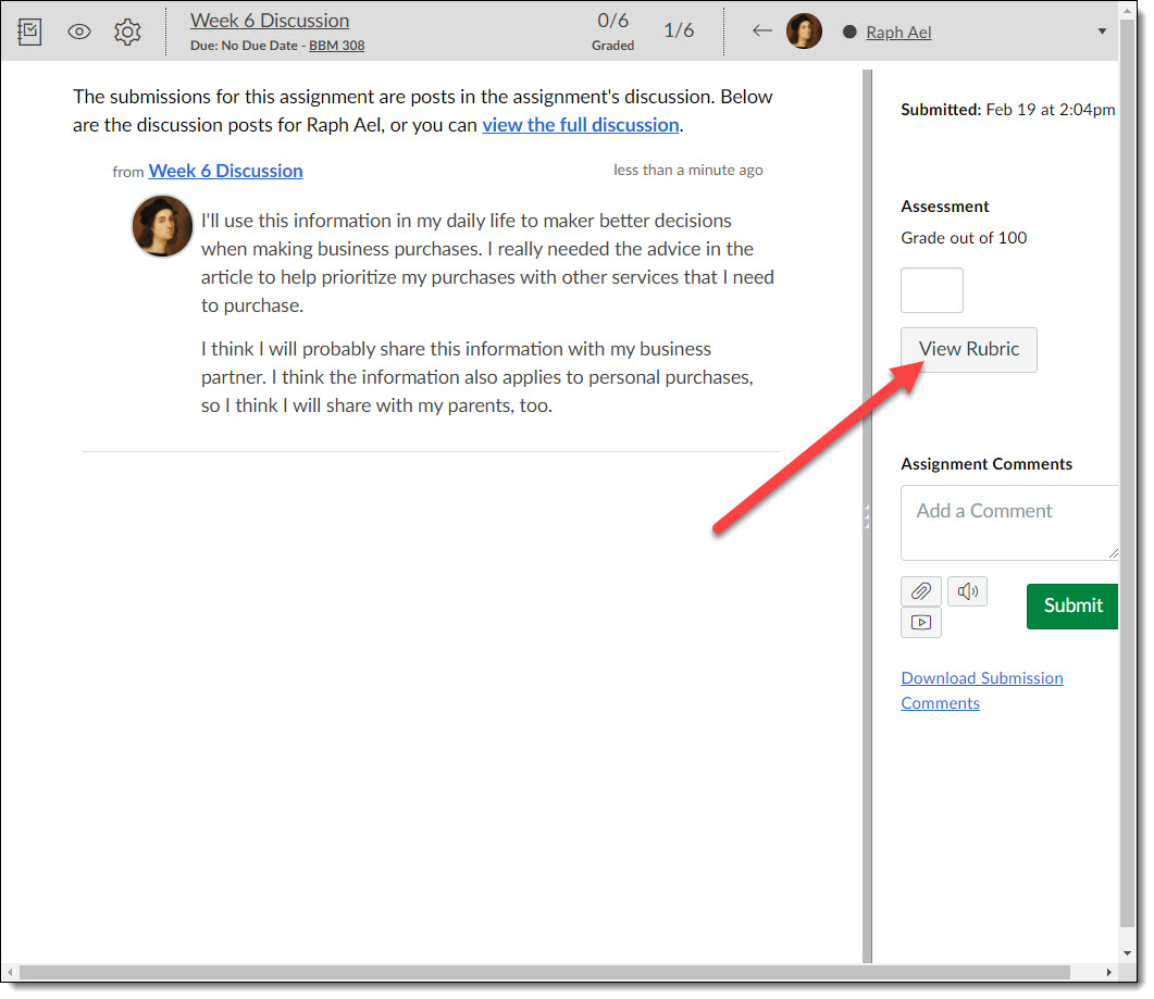 Screen shot showing location of View Rubric button in SpeedGrader