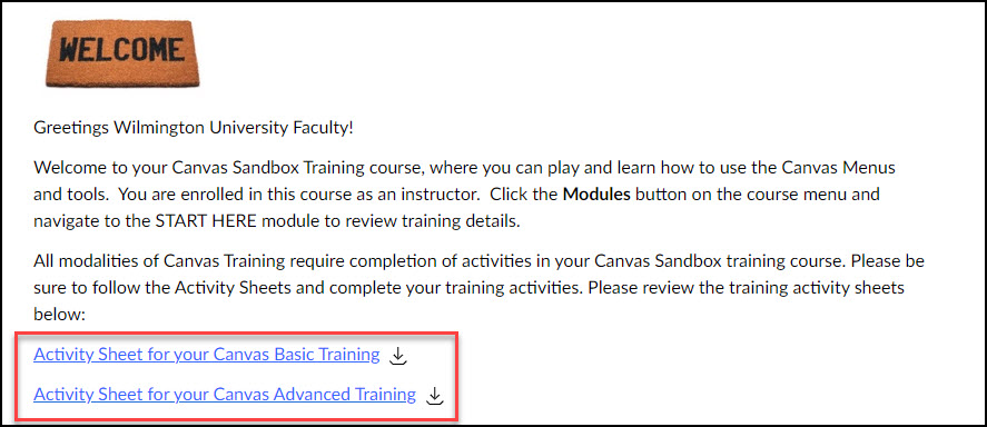 Welcome page on the Sandbox activity sheet