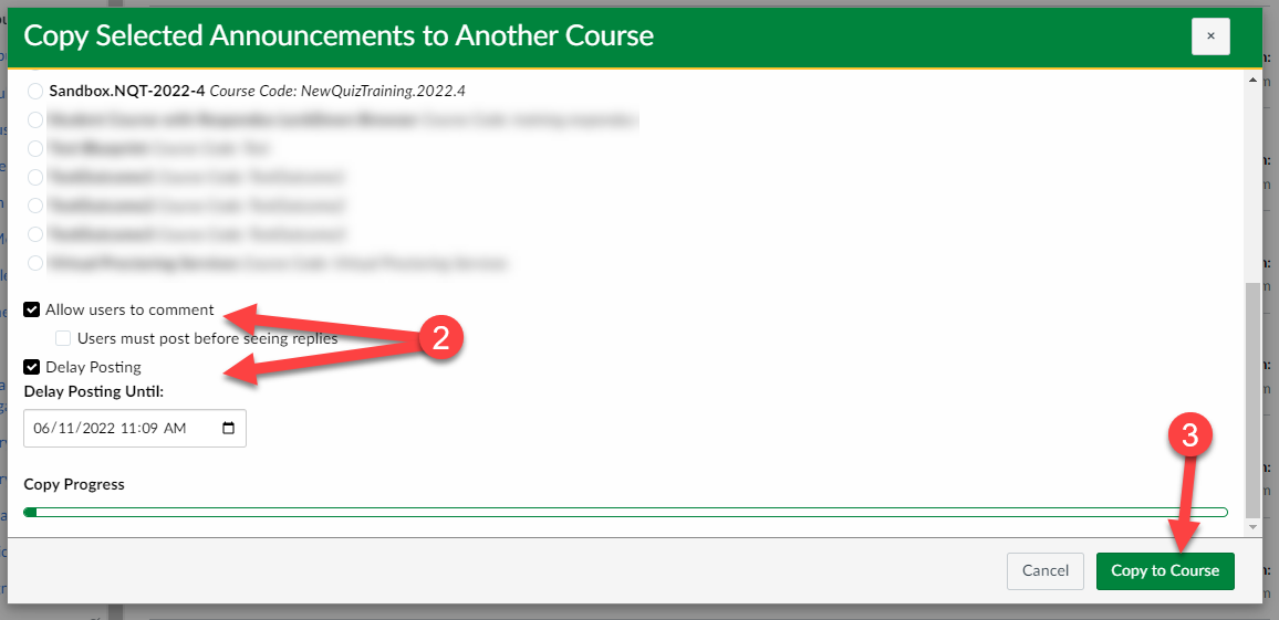 select settings for copied announcements