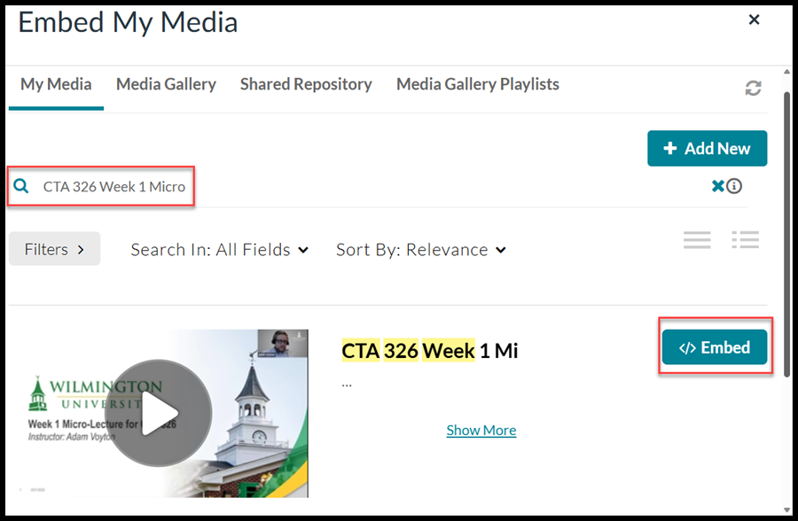 Screenshot of a media embedding interface showing a search result for "CTA 326 Week 1 Micro" with a video thumbnail from Wilmington University. Key elements include a highlighted search term, an "Embed" button on the right.