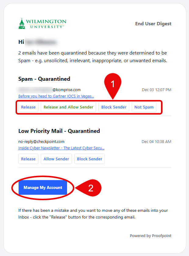 Screenshot of the email digest from Proofpoint