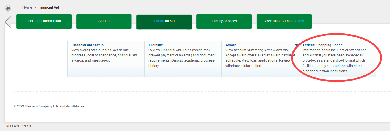 Federal Shopping Sheet link in Financial Aid Self Service Menu