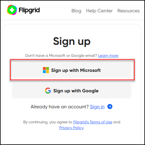 Sign up with Microsoft in Flipgrid