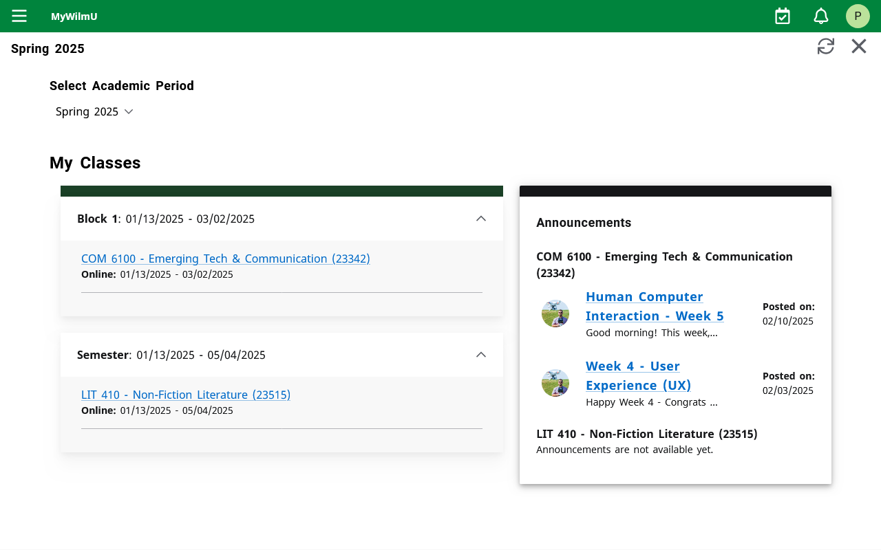 screen shot of the My Classes page