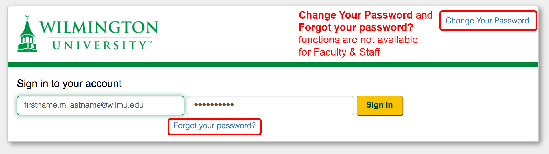 myWilmU login page with faculty credentials screen shot
