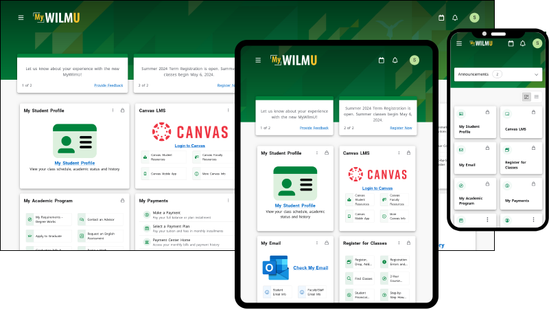 screen shots of mywilmu home page on a computer, tablet, and smartphone