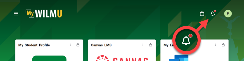 screen shot of the location of the notifications icon in MyWilmU