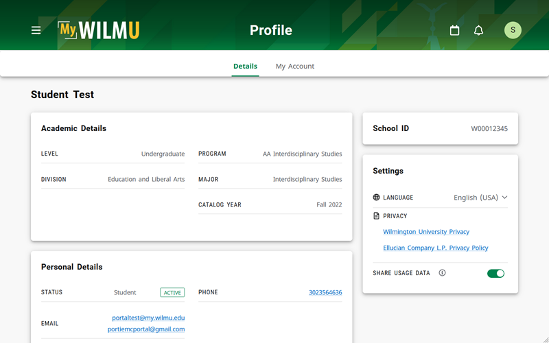 screen shot of the mywilmu profile page