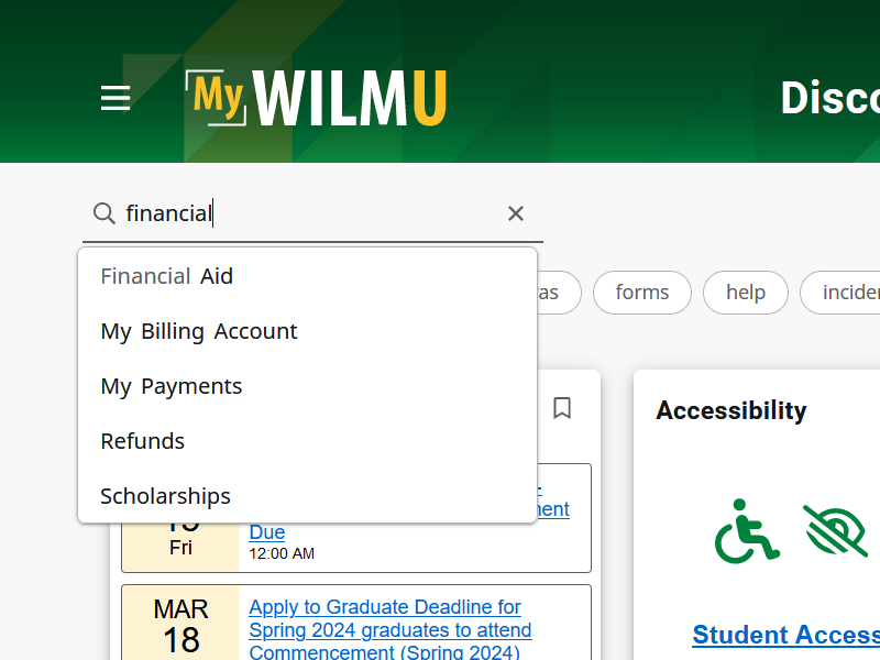 Search feature showing pop-up results when entering the word financial