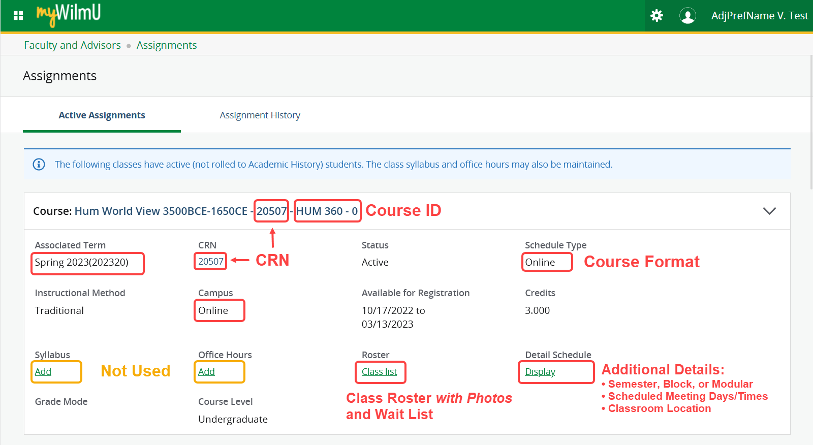 Assignments page in Faculty Self-Service