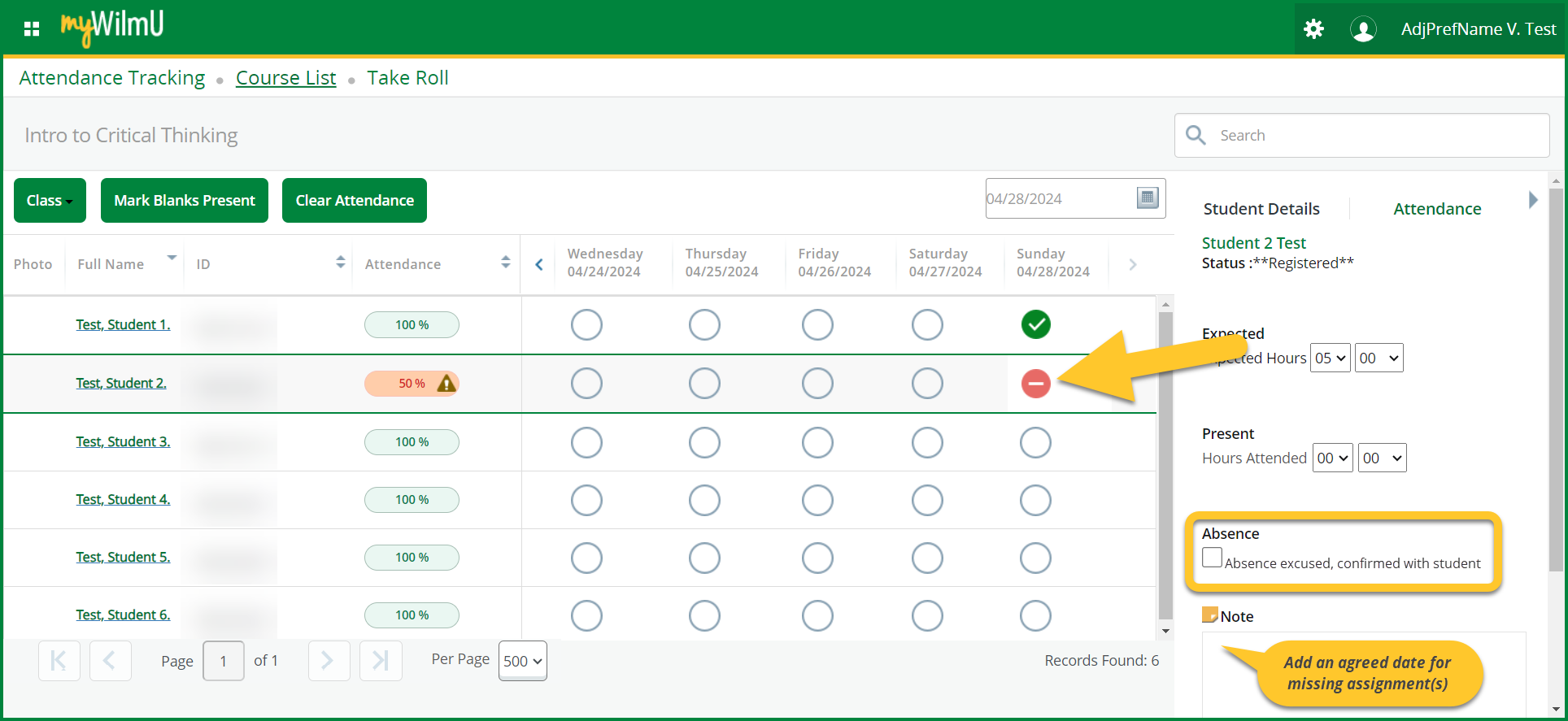 faculty attendance entry mark online student absent excused