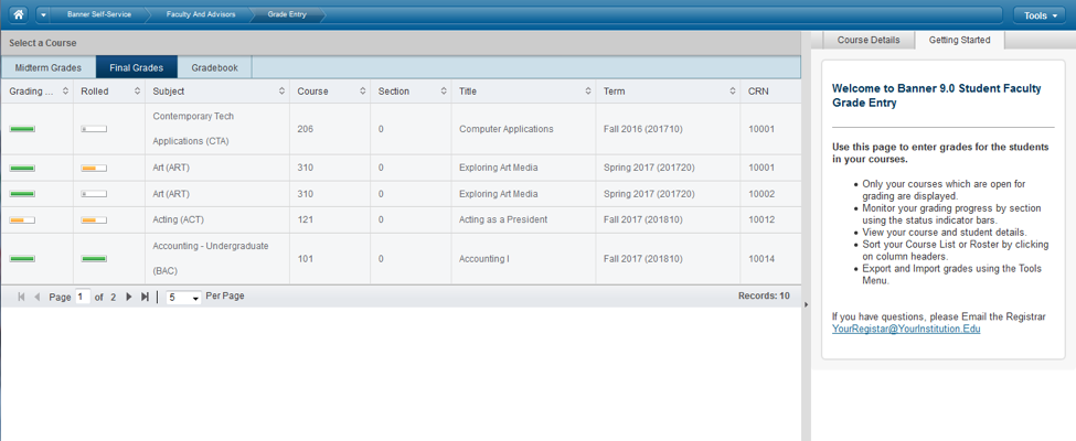 faculty grade entry class list screen shot