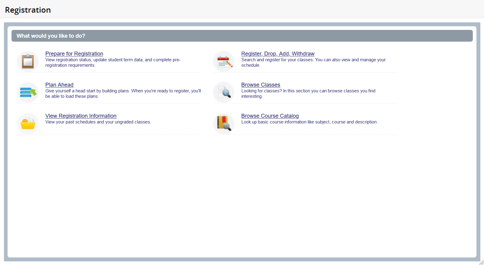 Self-service Registration menu screen shot