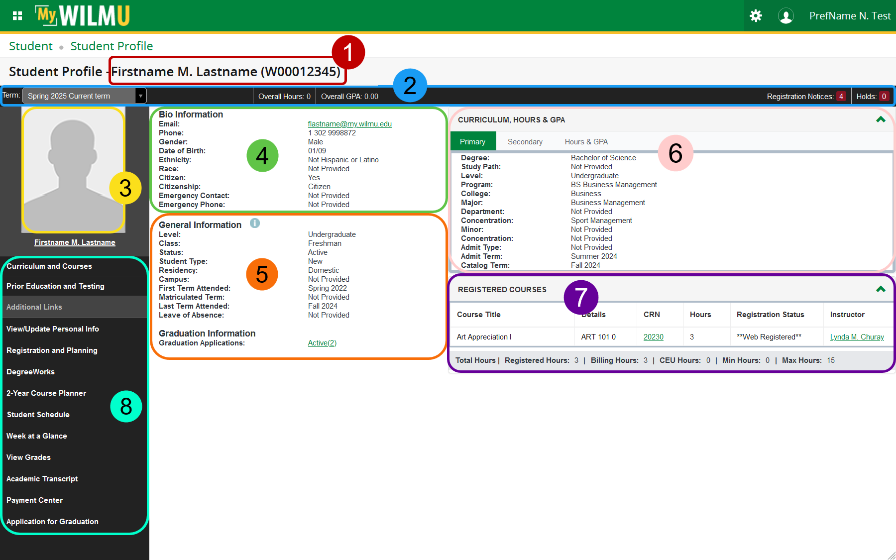 screen shot of the student profile page