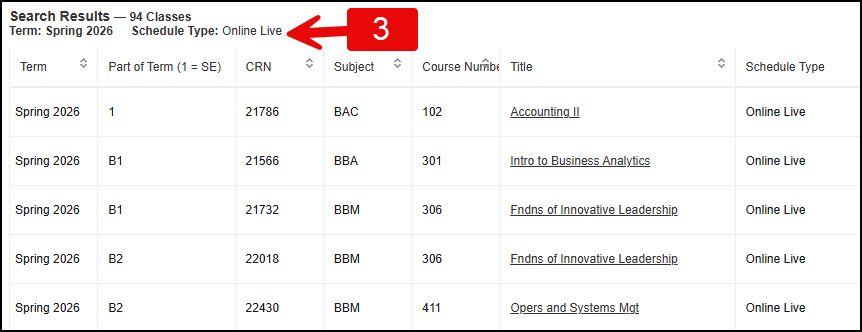 Displayed course results for Online Live courses.