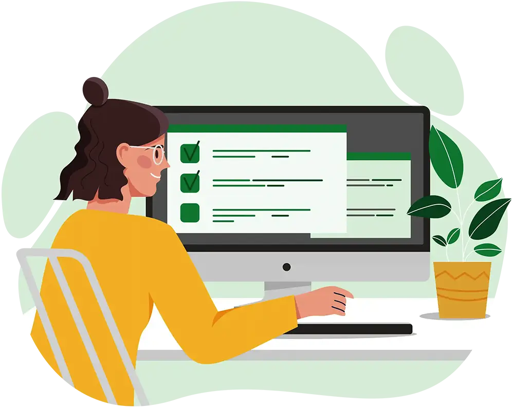 Illustration of female student sitting at a desk working on an iMac.