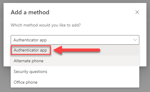 choose authenticator app from the drop-down menu