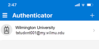Microsoft Authenticator showing WilmU account